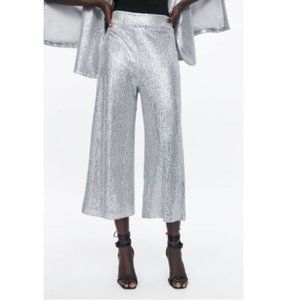 NWT Zara Collection Silver Sequin Culotte Cropped Pants